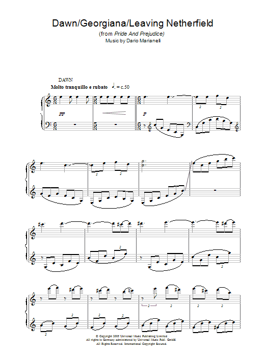 Preview Dario Marianelli Dawn/Georgiana (theme from Pride And Prejudice) Film and TV sheet music, notes and chords for Piano, SKU: 37414 Dawn/Georgiana (theme from Pride And Prejudice) sheet music