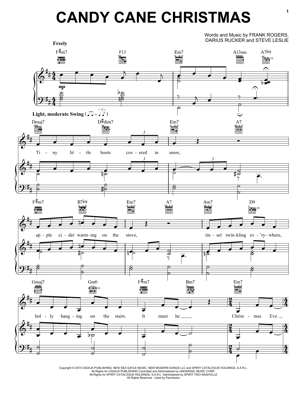 Darius Rucker Candy Cane Christmas Sheet Music Notes & Chords for Piano, Vocal & Guitar (Right-Hand Melody) - Download or Print PDF
