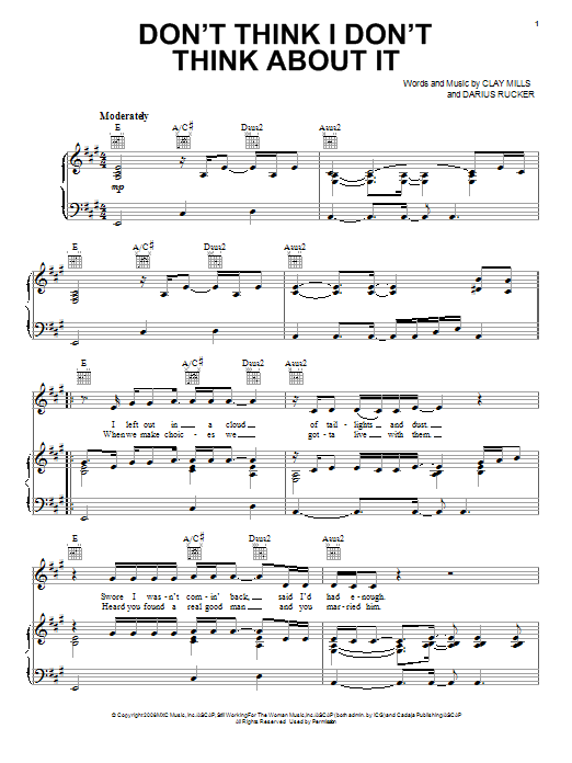 Darius Rucker Don't Think I Don't Think About It Sheet Music Notes & Chords for Piano, Vocal & Guitar (Right-Hand Melody) - Download or Print PDF