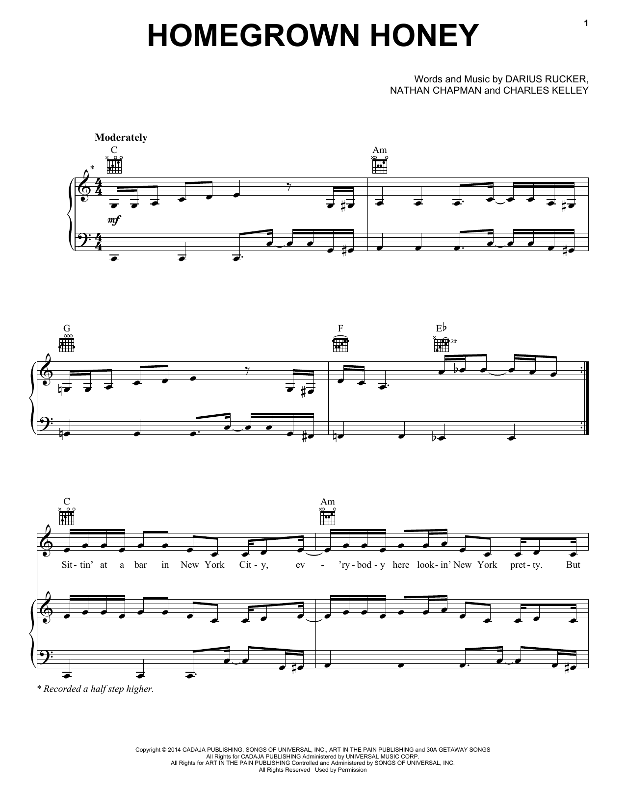 Darius Rucker Homegrown Honey Sheet Music Notes & Chords for Piano, Vocal & Guitar (Right-Hand Melody) - Download or Print PDF