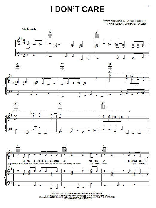 Darius Rucker I Don't Care Sheet Music Notes & Chords for Piano, Vocal & Guitar (Right-Hand Melody) - Download or Print PDF