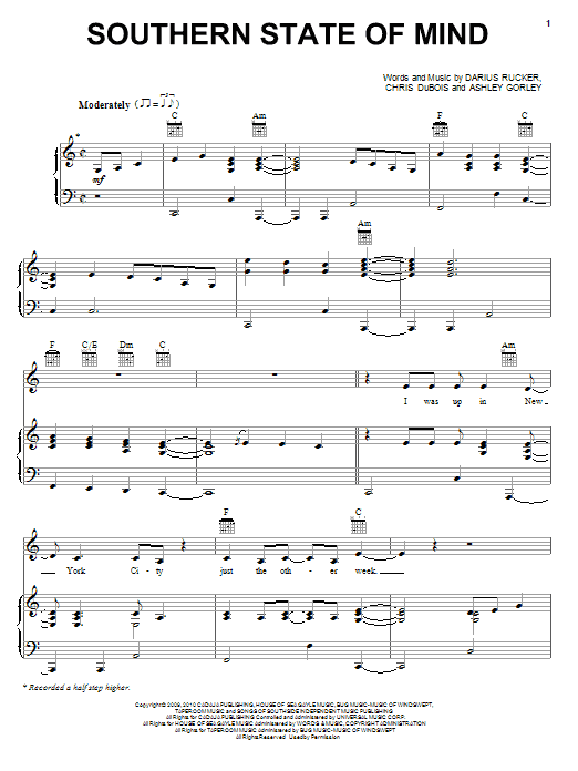 Darius Rucker Southern State Of Mind Sheet Music Notes & Chords for Piano, Vocal & Guitar (Right-Hand Melody) - Download or Print PDF