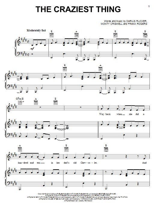 Darius Rucker The Craziest Thing Sheet Music Notes & Chords for Piano, Vocal & Guitar (Right-Hand Melody) - Download or Print PDF