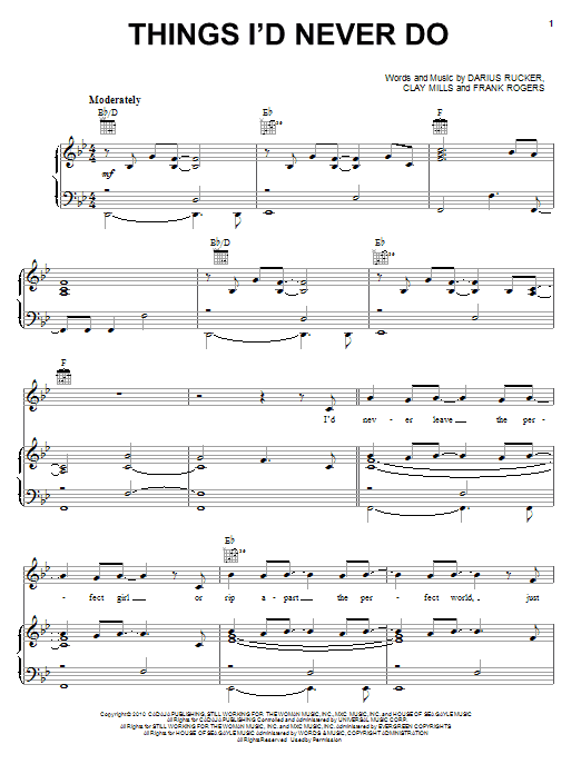 Darius Rucker Things I'd Never Do Sheet Music Notes & Chords for Piano, Vocal & Guitar (Right-Hand Melody) - Download or Print PDF