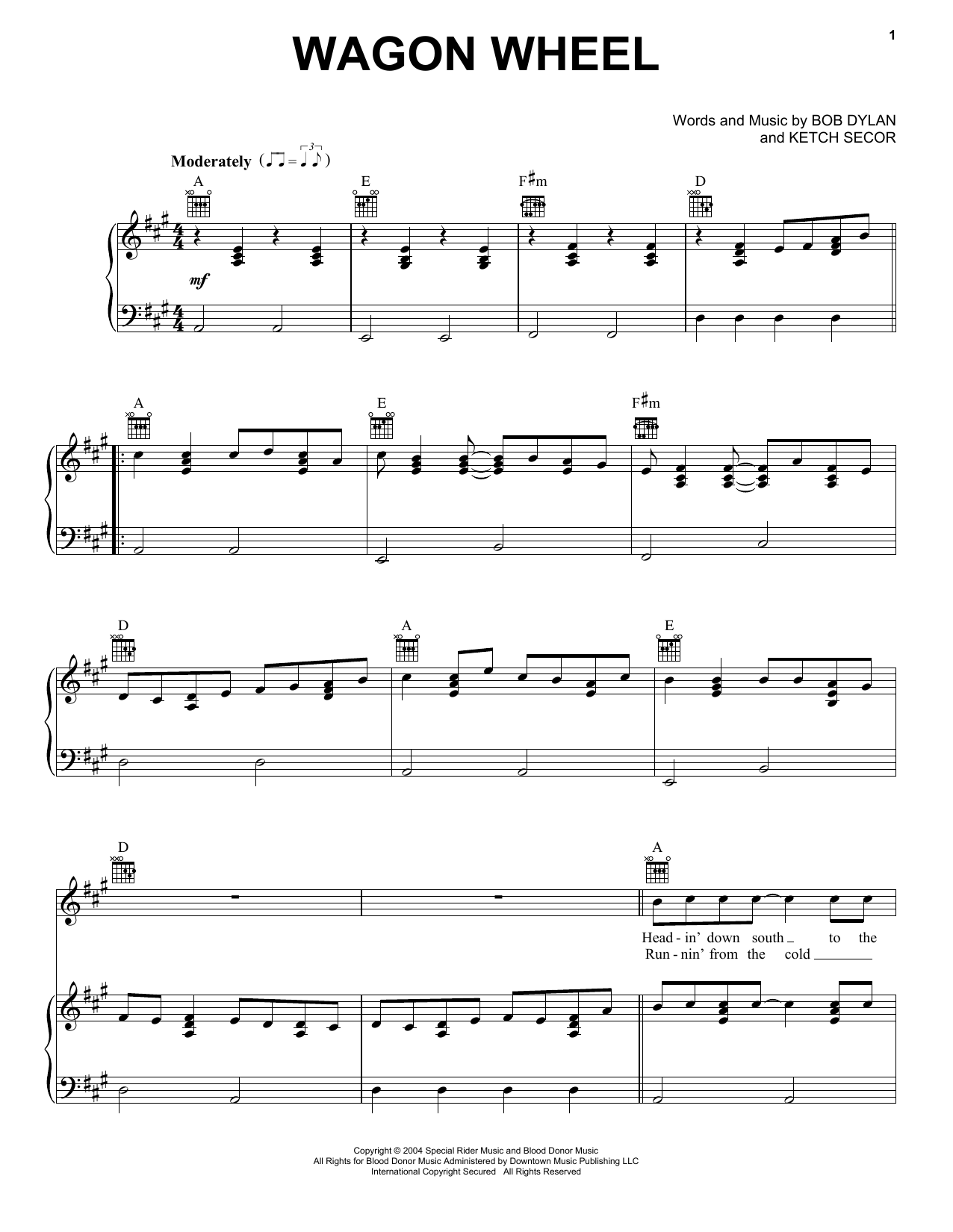 Darius Rucker Wagon Wheel Sheet Music Notes & Chords for Piano, Vocal & Guitar (Right-Hand Melody) - Download or Print PDF