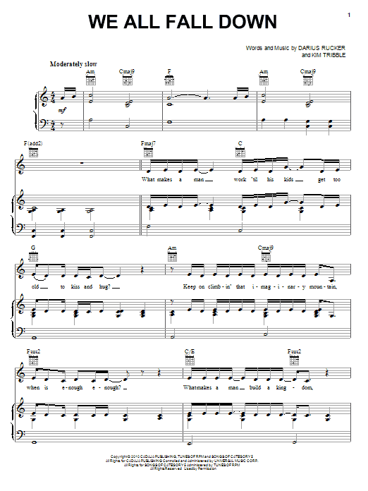 Darius Rucker We All Fall Down Sheet Music Notes & Chords for Piano, Vocal & Guitar (Right-Hand Melody) - Download or Print PDF