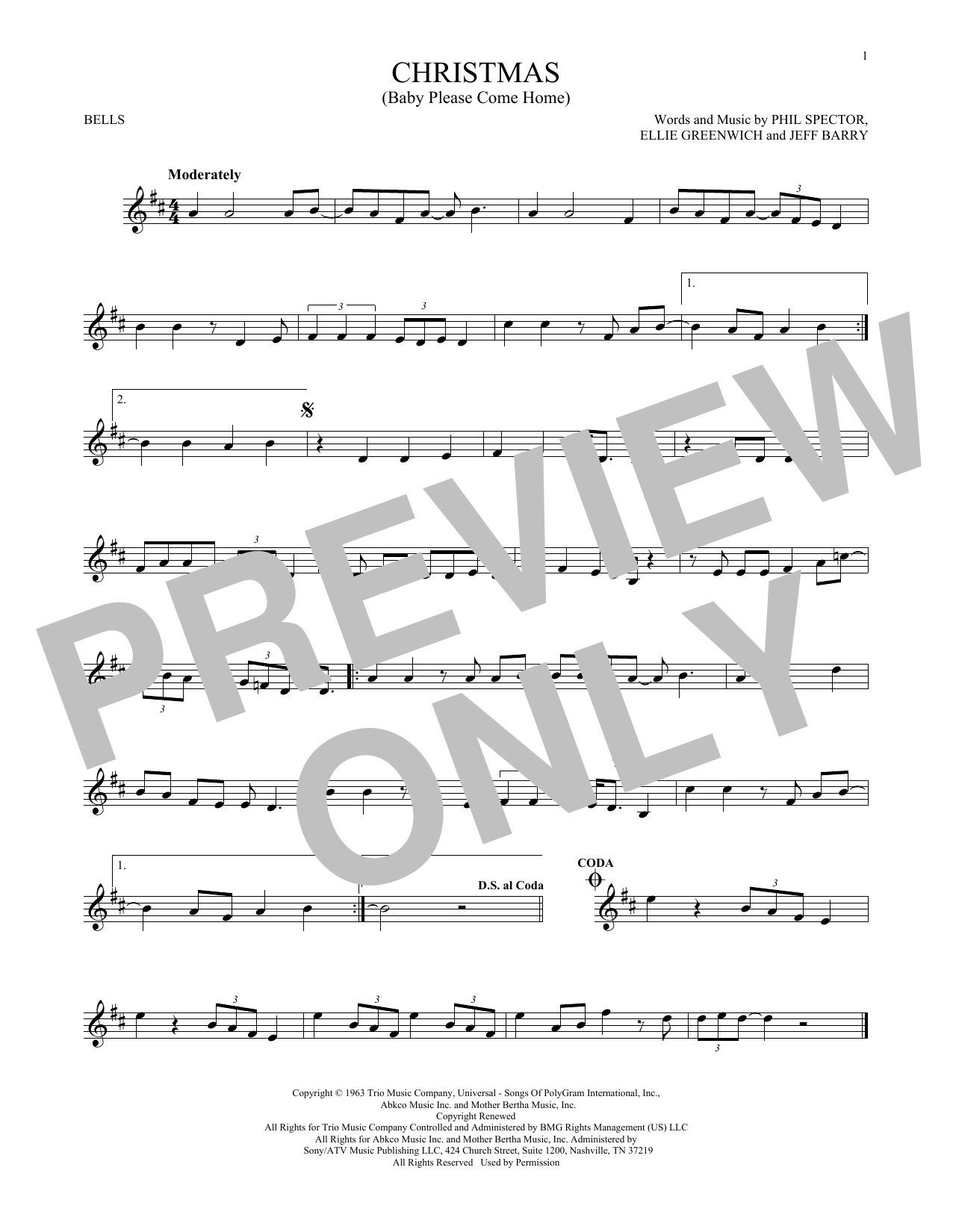 Darlene Love Christmas (Baby Please Come Home) Sheet Music Notes & Chords for Bells Solo - Download or Print PDF