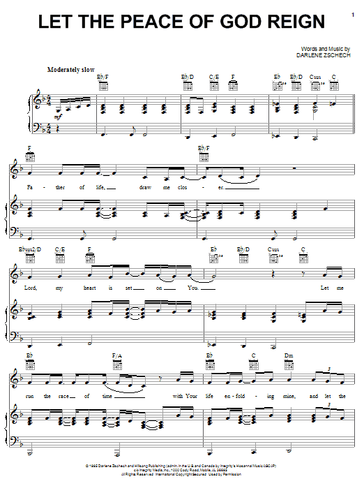 Darlene Zschech Let The Peace Of God Reign Sheet Music Notes & Chords for Piano, Vocal & Guitar (Right-Hand Melody) - Download or Print PDF