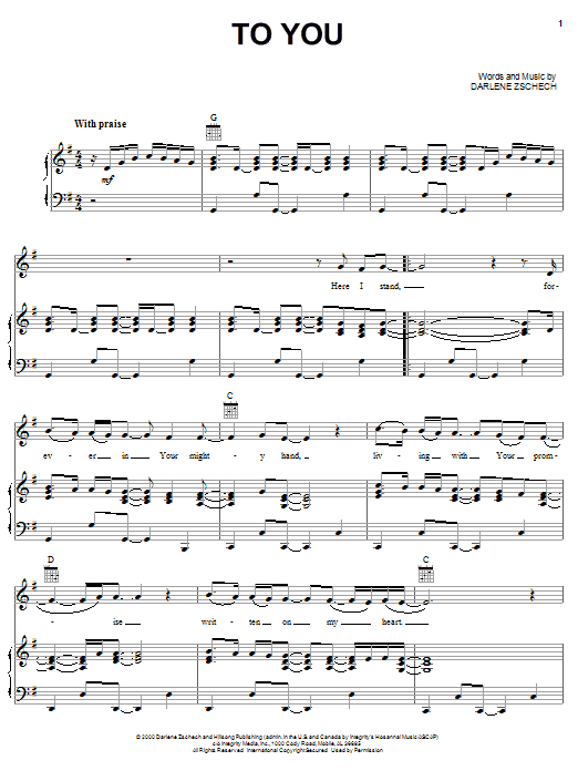 Darlene Zschech To You Sheet Music Notes & Chords for Piano, Vocal & Guitar (Right-Hand Melody) - Download or Print PDF
