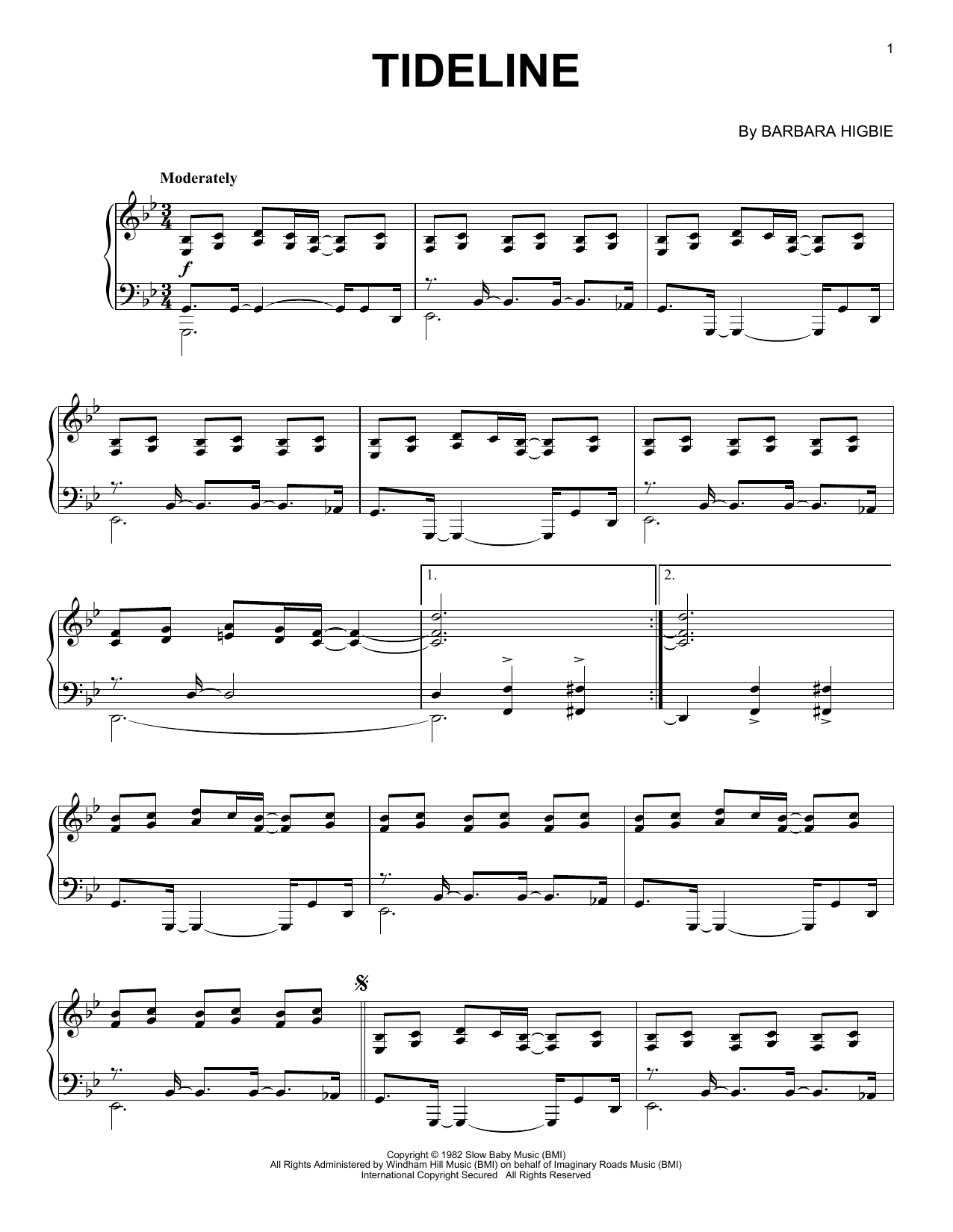 Darol Anger and Barbara Higbie Tideline Sheet Music Notes & Chords for Piano Solo - Download or Print PDF