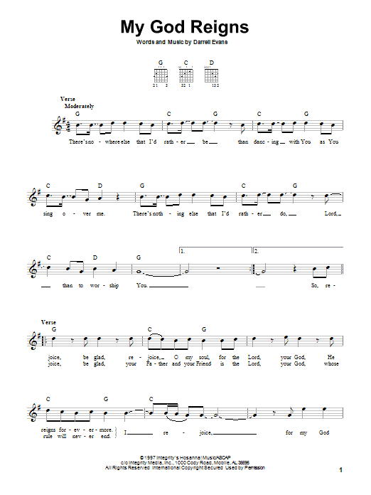 Darrell Evans My God Reigns Sheet Music Notes & Chords for Easy Guitar - Download or Print PDF