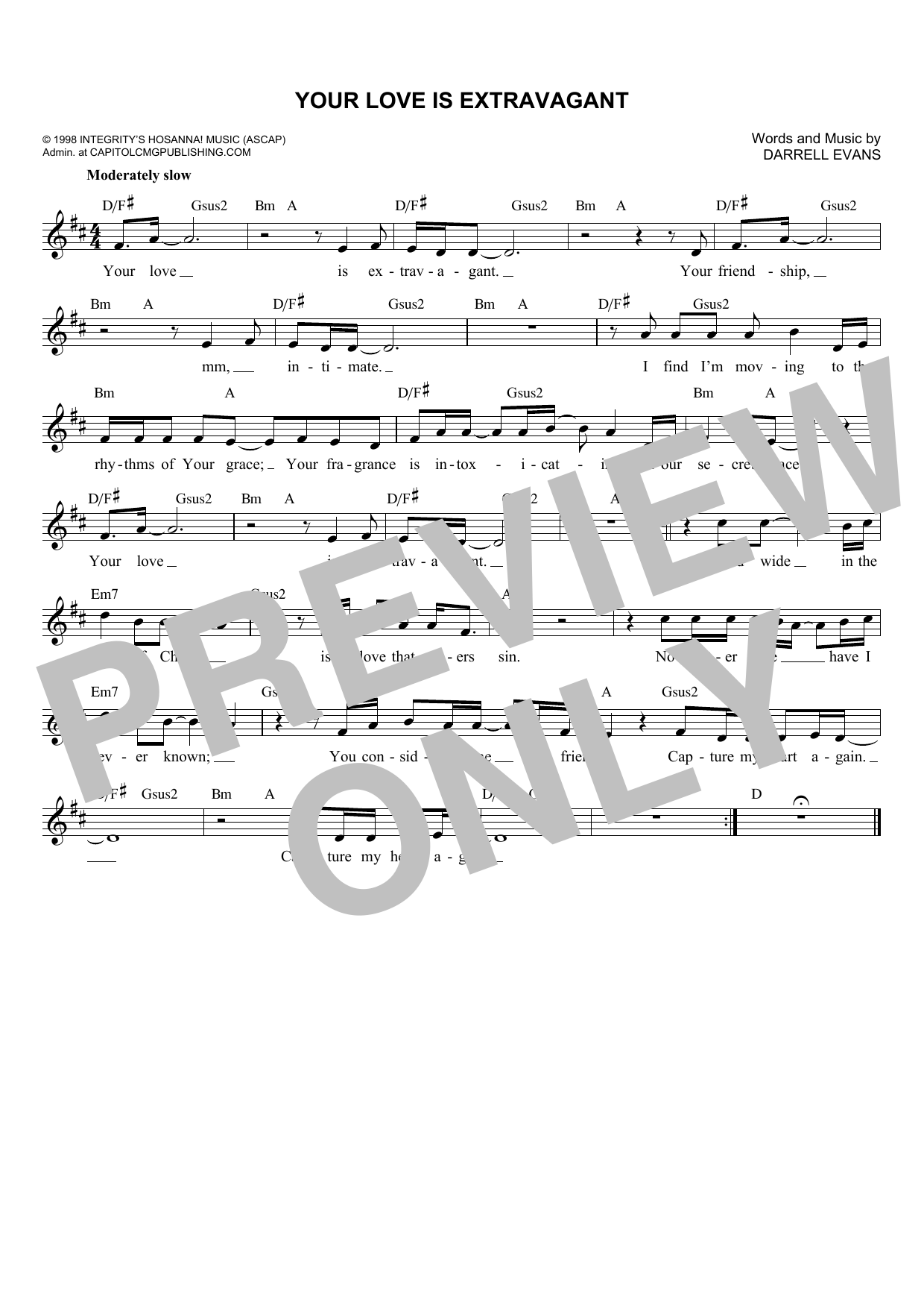 Darrell Evans Your Love Is Extravagant Sheet Music Notes & Chords for Melody Line, Lyrics & Chords - Download or Print PDF