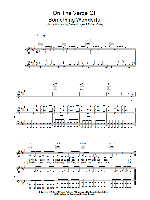Darren Hayes On The Verge Of Something Wonderful Sheet Music Notes & Chords for Piano, Vocal & Guitar - Download or Print PDF