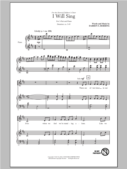 Darren S. Herring I Will Sing Sheet Music Notes & Chords for 3-Part Treble - Download or Print PDF