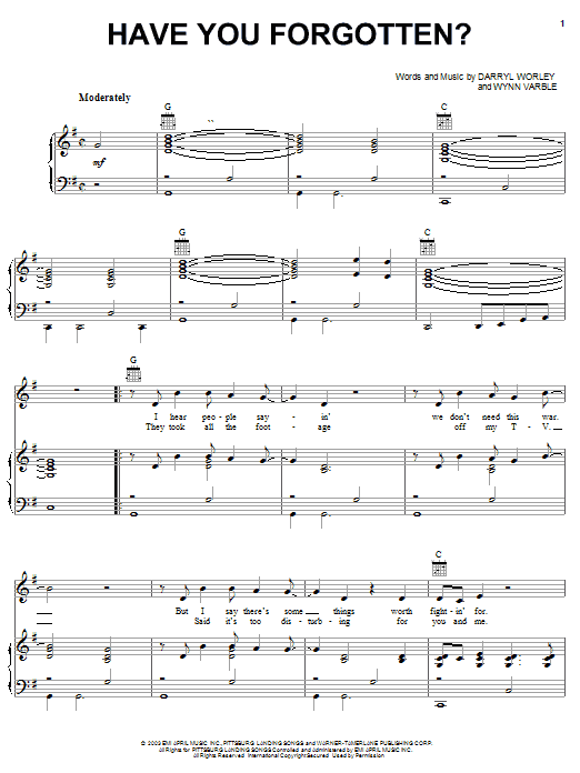 Preview Darryl Worley Have You Forgotten? Country sheet music, notes and chords for Piano, Vocal & Guitar (Right-Hand Melody), SKU: 23108 sheet music, piano notes, chords, guitar tabs, score, transpose, transcribe, how to play, guide, download, learn, tutorial, progression, song, artist, awards, billboard, mtv, vh1, tour, single, album, release