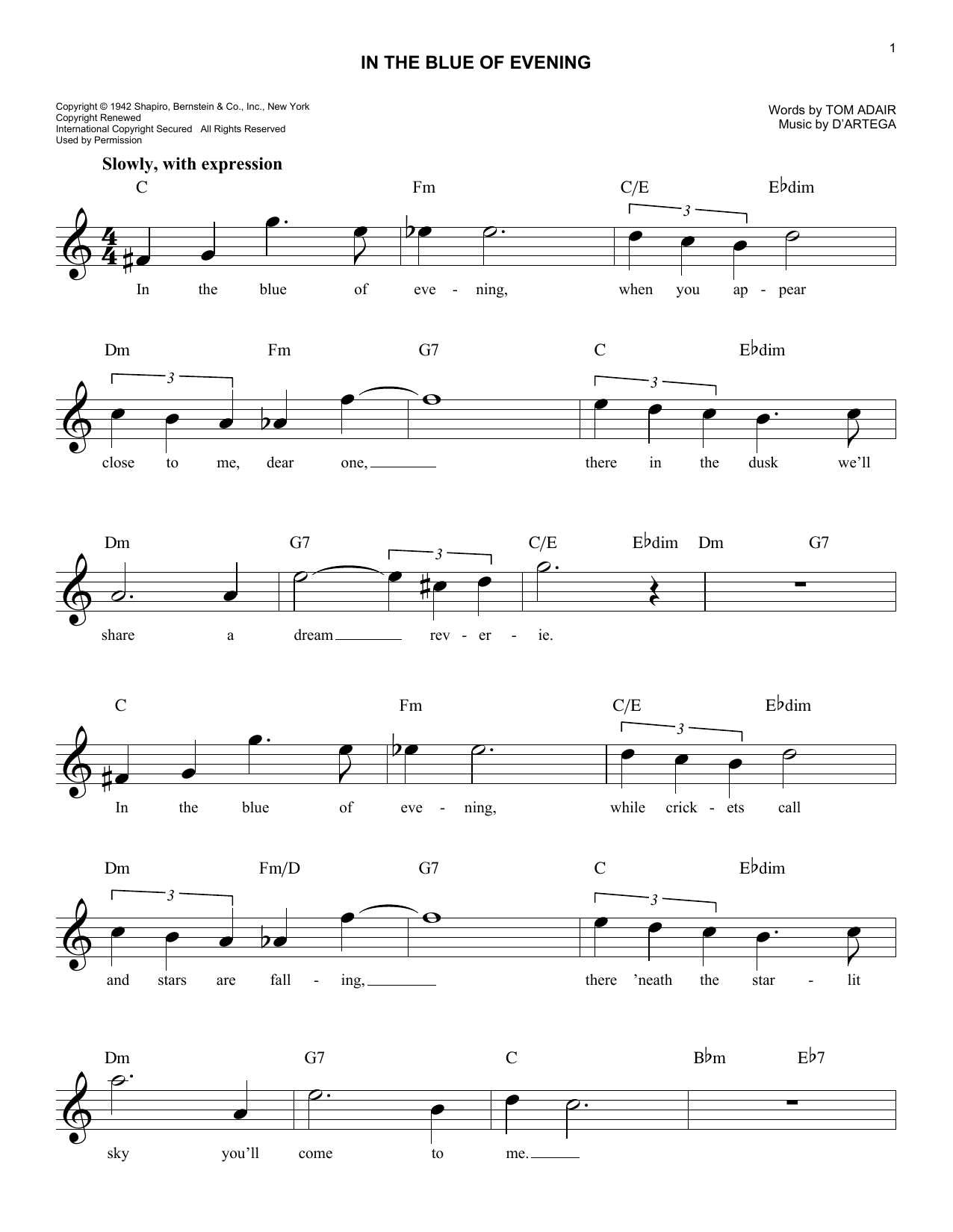 D'Artega In The Blue Of Evening Sheet Music Notes & Chords for Real Book – Melody & Chords - Download or Print PDF