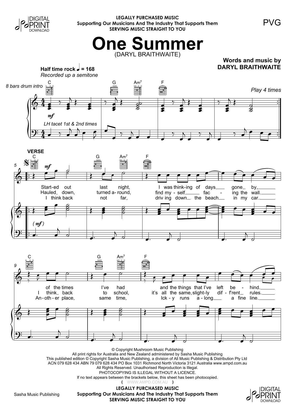Daryl Braithwaite One Summer Sheet Music Notes & Chords for Piano, Vocal & Guitar (Right-Hand Melody) - Download or Print PDF