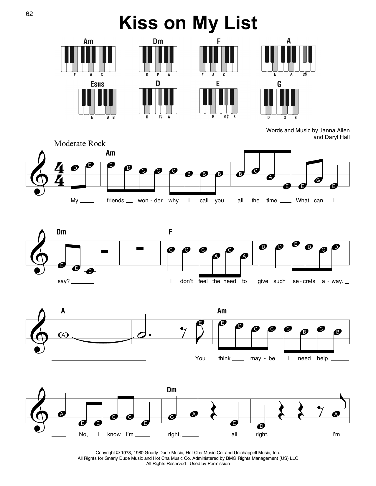 Daryl Hall & John Oates Kiss On My List Sheet Music Notes & Chords for Super Easy Piano - Download or Print PDF