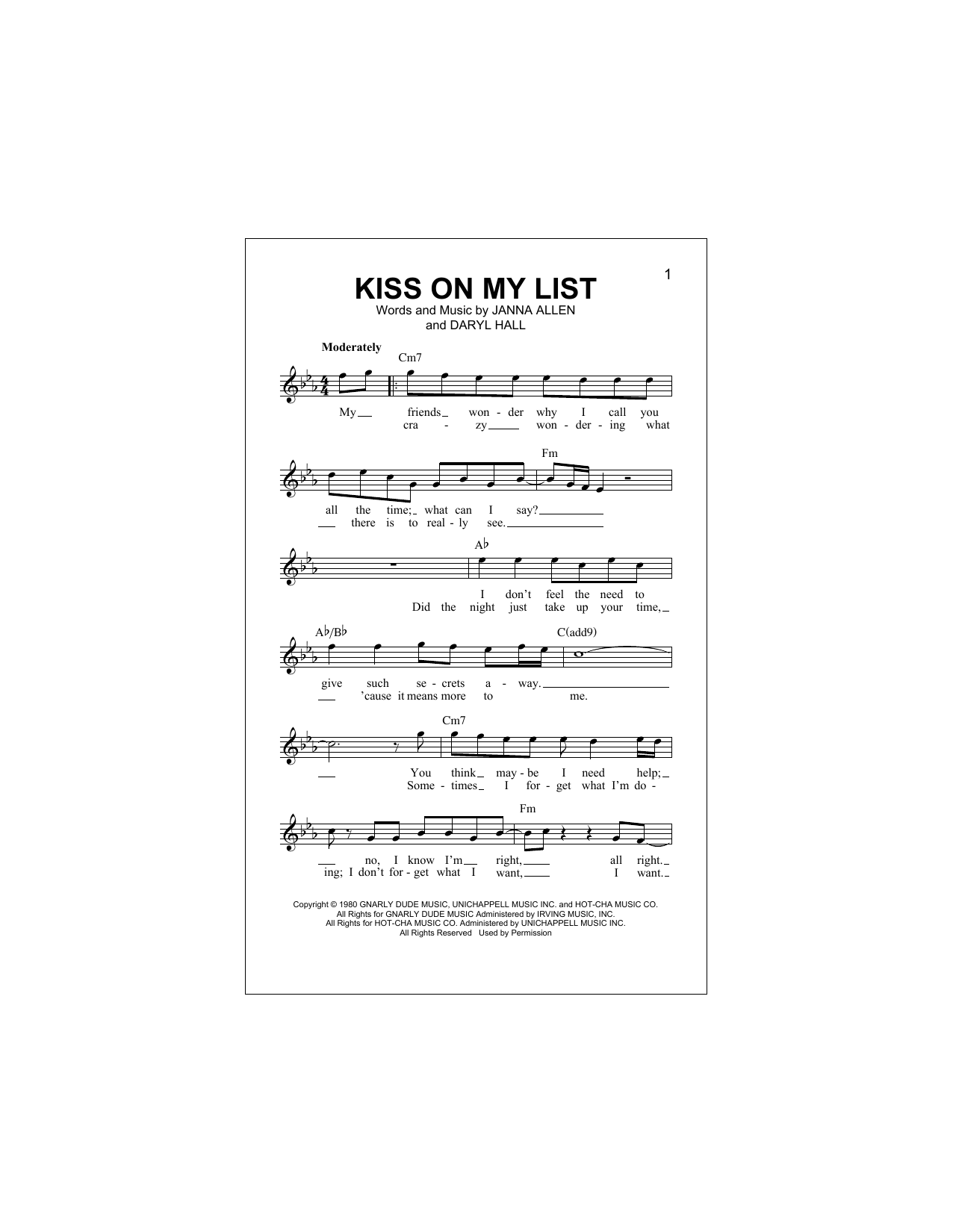 Daryl Hall & John Oates Kiss On My List Sheet Music Notes & Chords for Lead Sheet / Fake Book - Download or Print PDF