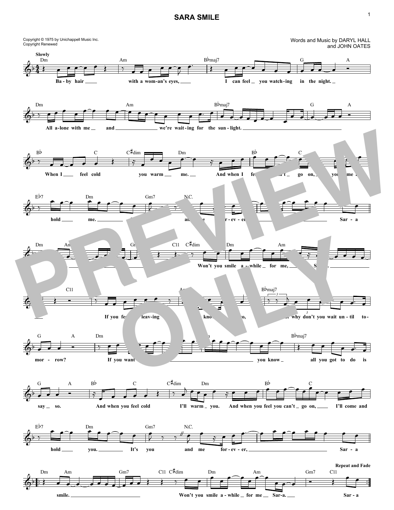 Hall & Oates Sara Smile Sheet Music Notes & Chords for Melody Line, Lyrics & Chords - Download or Print PDF