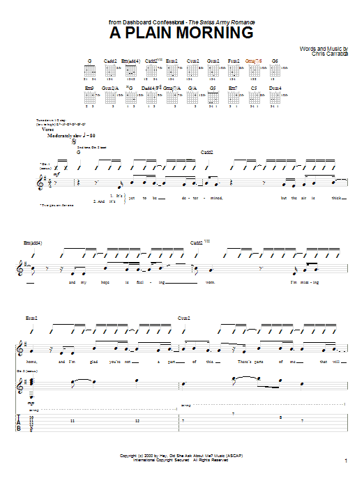 Dashboard Confessional A Plain Morning Sheet Music Notes & Chords for Guitar Tab - Download or Print PDF