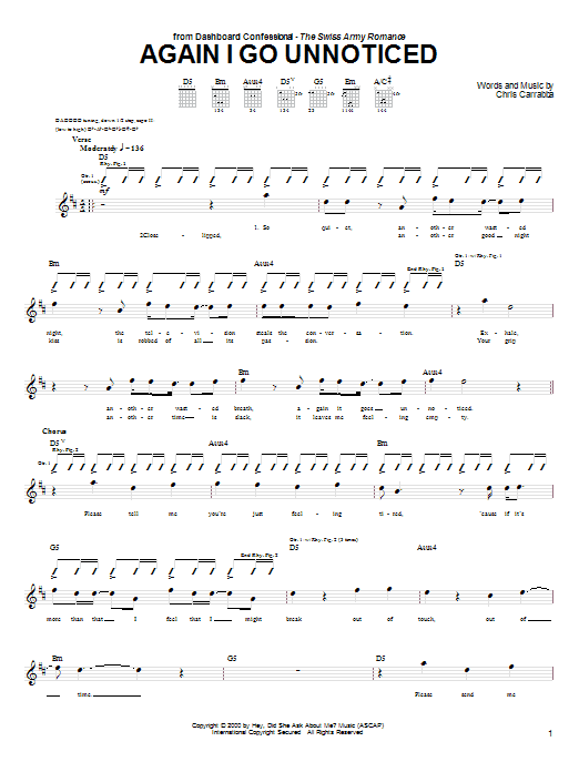 Dashboard Confessional Again I Go Unnoticed Sheet Music Notes & Chords for Guitar Tab - Download or Print PDF