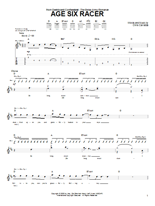 Dashboard Confessional Age Six Racer Sheet Music Notes & Chords for Guitar Tab - Download or Print PDF