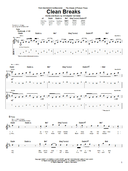 Dashboard Confessional Clean Breaks Sheet Music Notes & Chords for Guitar Tab - Download or Print PDF