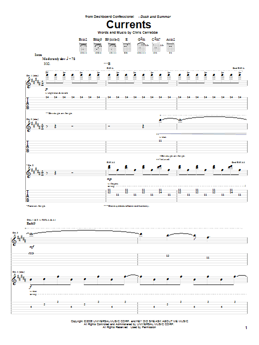 Dashboard Confessional Currents Sheet Music Notes & Chords for Guitar Tab - Download or Print PDF