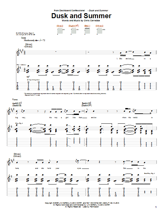 Dashboard Confessional Dusk And Summer Sheet Music Notes & Chords for Guitar Tab - Download or Print PDF