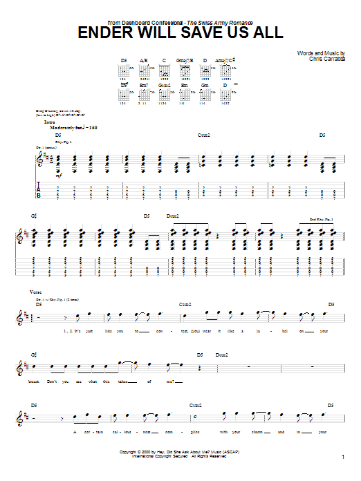 Dashboard Confessional Ender Will Save Us All Sheet Music Notes & Chords for Guitar Tab - Download or Print PDF