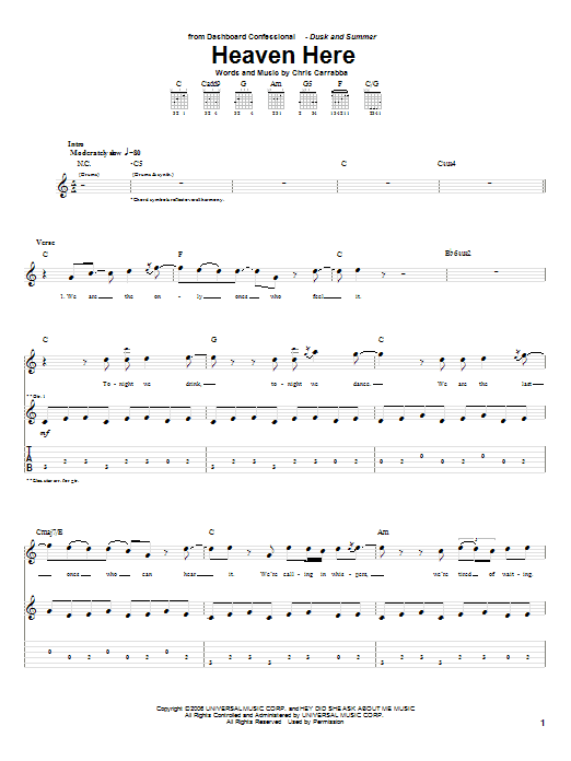 Dashboard Confessional Heaven Here Sheet Music Notes & Chords for Guitar Tab - Download or Print PDF