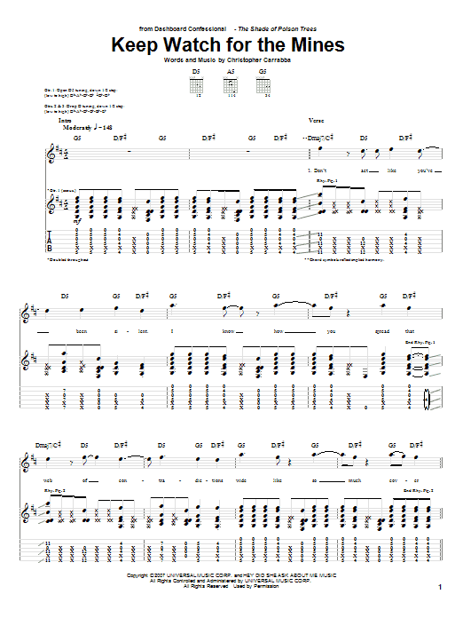 Dashboard Confessional Keep Watch For The Mines Sheet Music Notes & Chords for Guitar Tab - Download or Print PDF