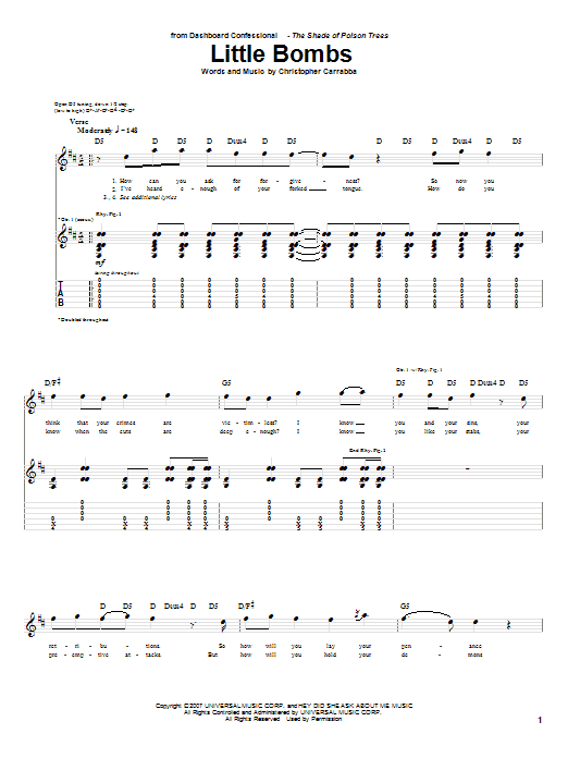 Dashboard Confessional Little Bombs Sheet Music Notes & Chords for Guitar Tab - Download or Print PDF