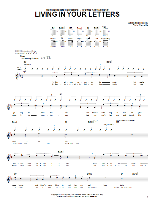 Dashboard Confessional Living In Your Letters Sheet Music Notes & Chords for Guitar Tab - Download or Print PDF