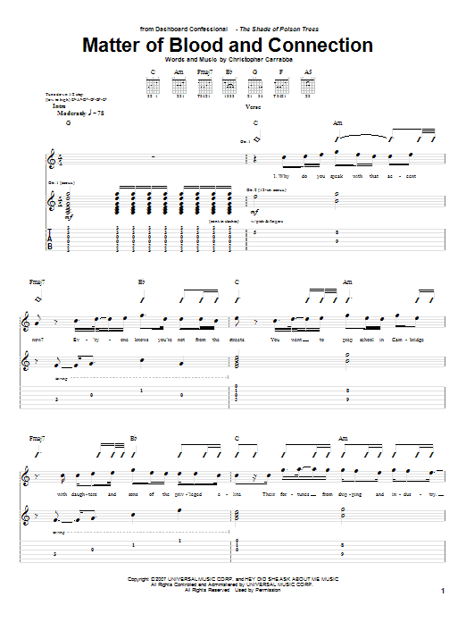 Dashboard Confessional Matter Of Blood And Connection Sheet Music Notes & Chords for Guitar Tab - Download or Print PDF