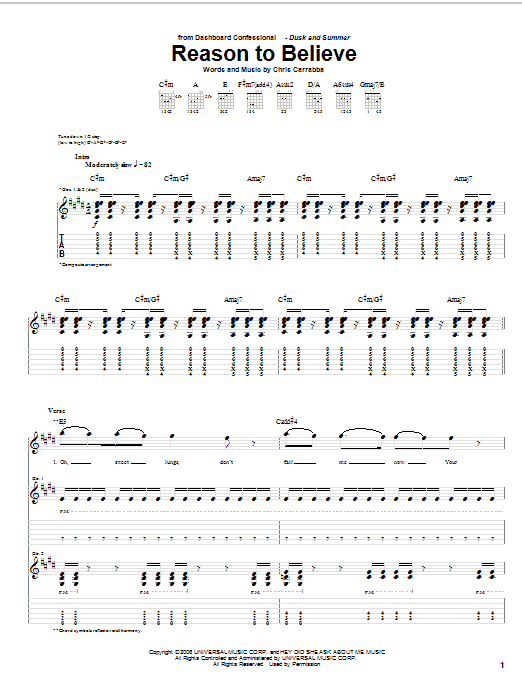 Dashboard Confessional Reason To Believe Sheet Music Notes & Chords for Guitar Tab - Download or Print PDF