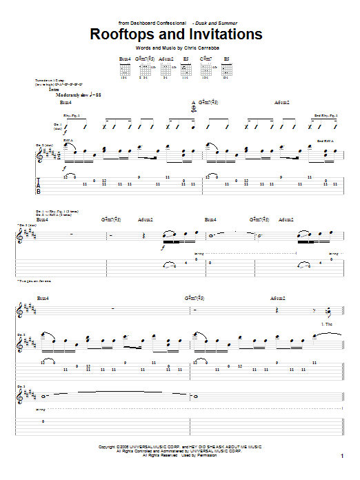 Dashboard Confessional Rooftops And Invitations Sheet Music Notes & Chords for Guitar Tab - Download or Print PDF