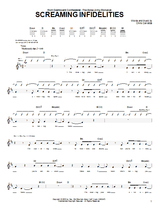 Dashboard Confessional Screaming Infidelities Sheet Music Notes & Chords for Guitar Tab - Download or Print PDF