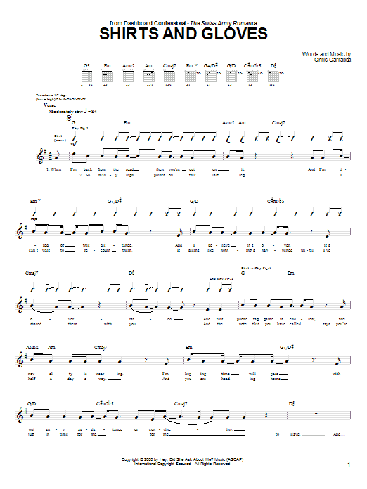 Dashboard Confessional Shirts And Gloves Sheet Music Notes & Chords for Guitar Tab - Download or Print PDF