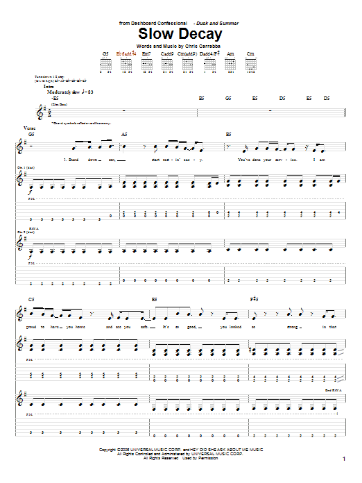 Dashboard Confessional Slow Decay Sheet Music Notes & Chords for Guitar Tab - Download or Print PDF