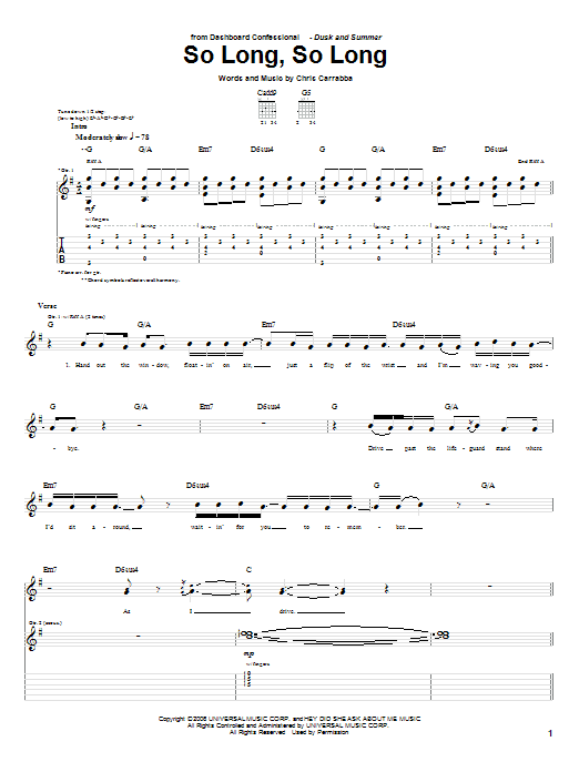 Dashboard Confessional So Long, So Long Sheet Music Notes & Chords for Guitar Tab - Download or Print PDF