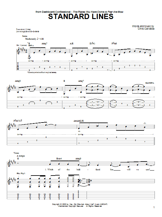 Dashboard Confessional Standard Lines Sheet Music Notes & Chords for Guitar Tab - Download or Print PDF