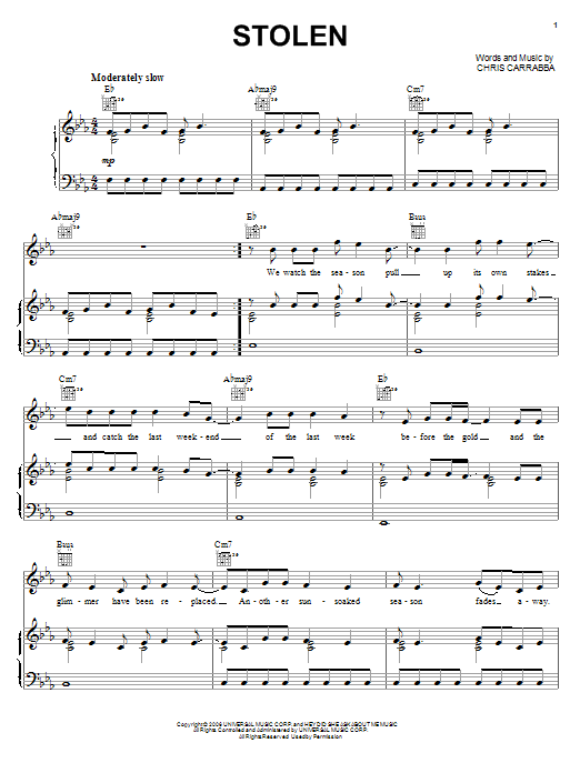 Dashboard Confessional Stolen Sheet Music Notes & Chords for Piano, Vocal & Guitar (Right-Hand Melody) - Download or Print PDF