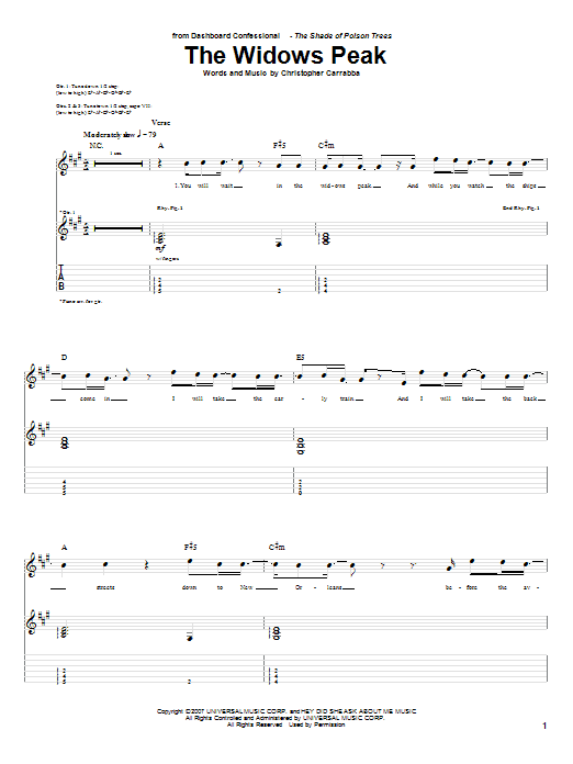 Dashboard Confessional The Widows Peak Sheet Music Notes & Chords for Guitar Tab - Download or Print PDF