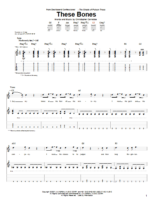 Dashboard Confessional These Bones Sheet Music Notes & Chords for Guitar Tab - Download or Print PDF