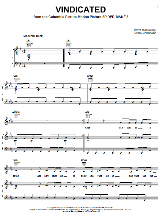 Dashboard Confessional Vindicated Sheet Music Notes & Chords for Piano, Vocal & Guitar - Download or Print PDF