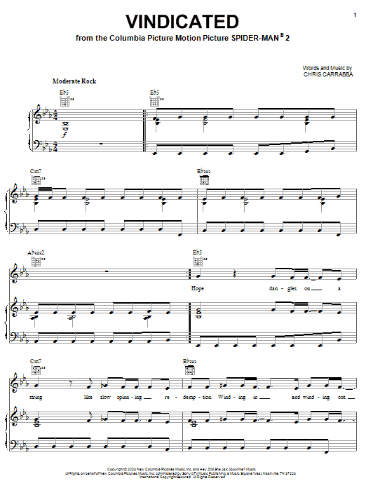Dashboard Confessional Vindicated Sheet Music Notes & Chords for Piano, Vocal & Guitar (Right-Hand Melody) - Download or Print PDF