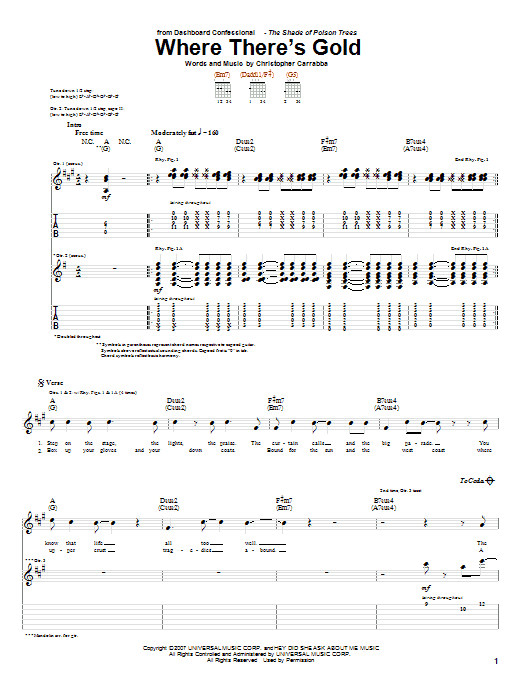 Dashboard Confessional Where There's Gold Sheet Music Notes & Chords for Guitar Tab - Download or Print PDF