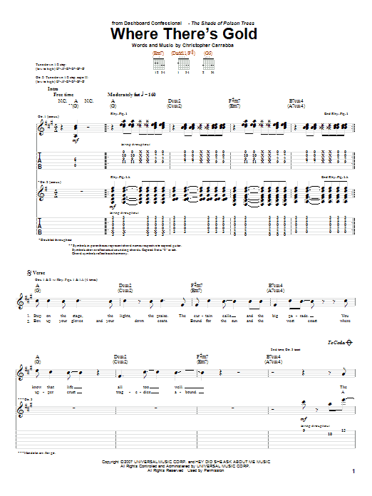Dashboard Confessional Where There's Gold sheet music notes and chords. Download Printable PDF.